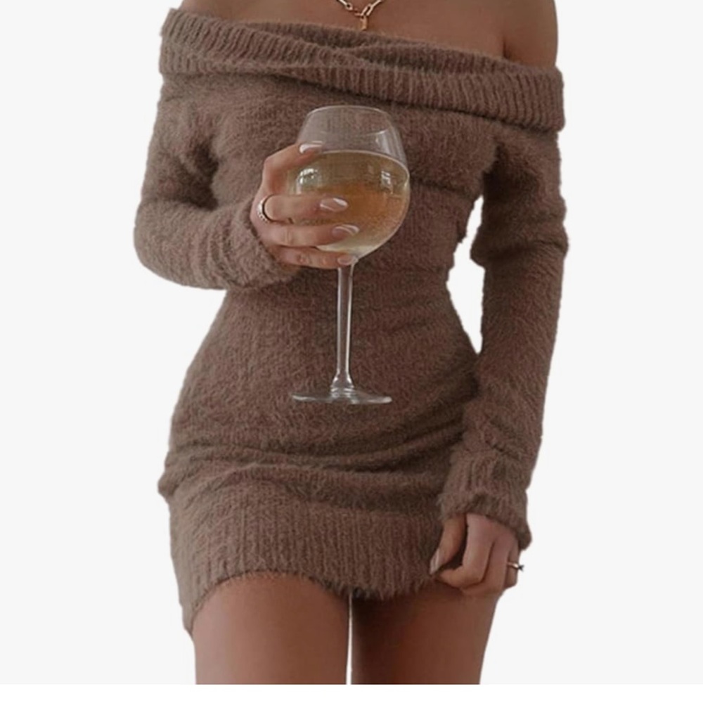 NWT Off-the-Shoulder Brown Knit Sweater Mini Dress